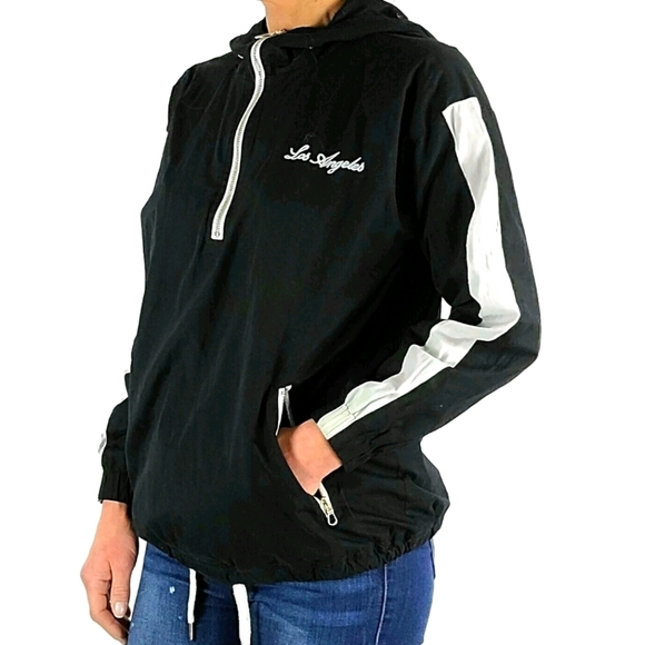 Forever 21 Quarter Zip LOS ANGELES Mesh Lined Hoodie Size Small Black White - Picture 5 of 9